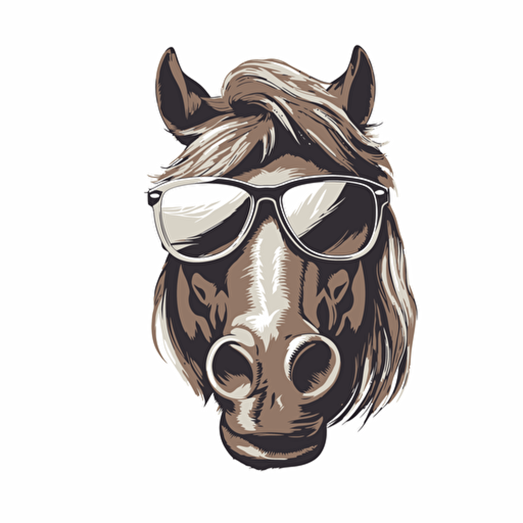 horse head looking straight into camera wearing very dark sunglasses and smiling with a happy attitude , higly detailed vector, white background