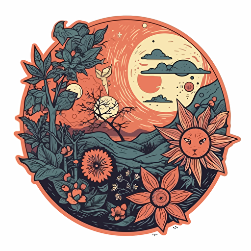 vector sticker of the sun and moon with nature and life coming out of them