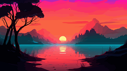 sunset landscape,vaporwave,vector colorful,digital art, photooilpainting