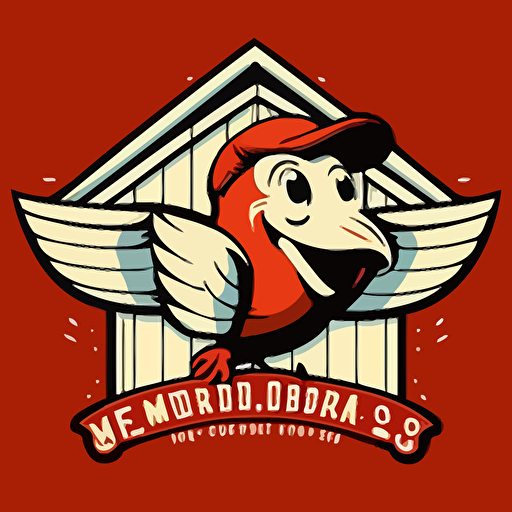 bird’s wings create negative space in the shape of a house roof with gable window, 1930s baseball mascot, two colors, 1930s cartoon animation, vector logo, smiling, very simple**
