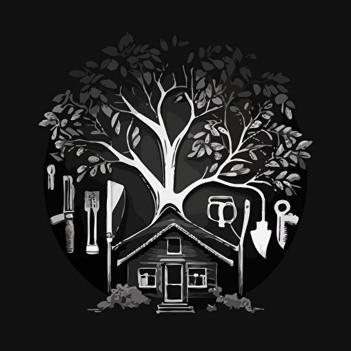 iconic logo of a house, tree, and tools, white vector, on black background.