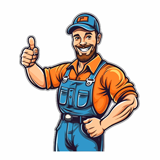 logo, handyman, hand up with tool, vector, cartoon, white background, vibrant style, happy man