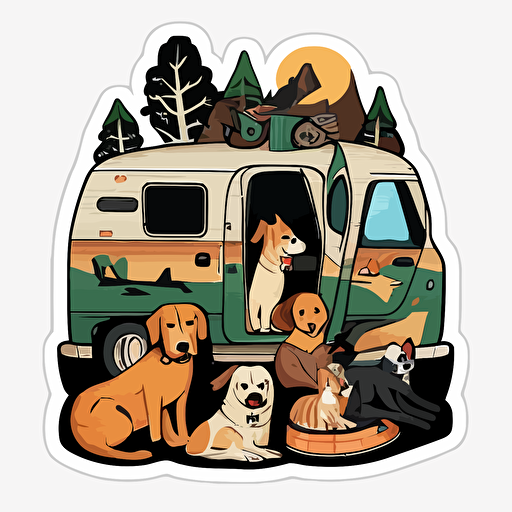 PNW dogs camping in people clothes cartoonish vector art sticker