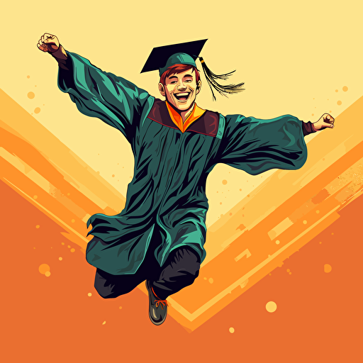 vector illustration of happy a young boy jumping in college graduation cap and gown, in vivid colors