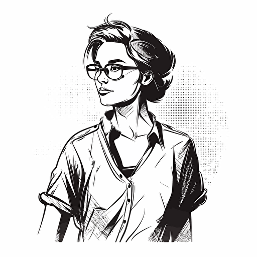 black and white silhouette of young female startup founder, vector, comic style