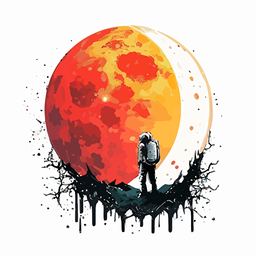 small astronaut painting a human-sized moon, vibrant colors, red moon, white background, illustration style, vector