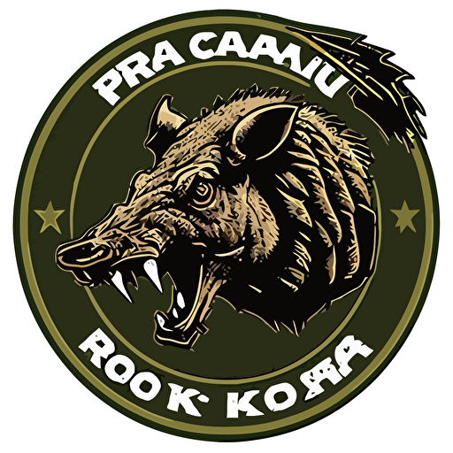 logo patch of a wild boar roaring on a white background, "RC08" written on the white background , vector, US ARMY WWII theme, high res