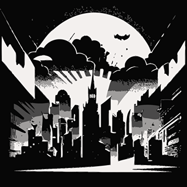 A minimalistic comic illustration of a city of skycrapers, with great detail, lights and clouds covering the sun, representing a great future, style: minimalistic flat vectors, black and white, detailed, no shades, art by Humberto Ramos.