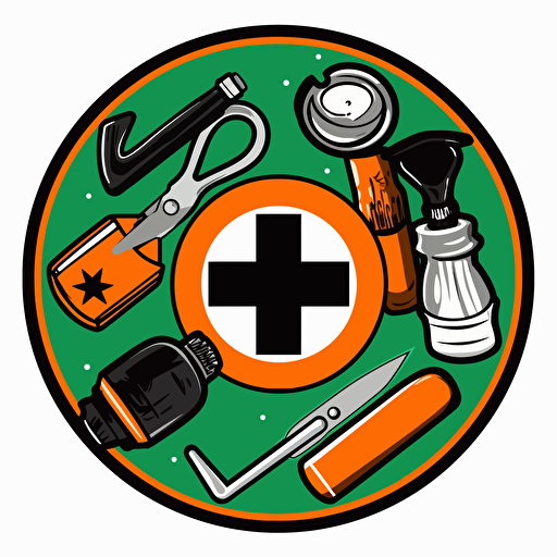 logo for private first aid, instruments, vector art, orange, black, green and white,