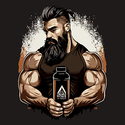 bodybuilder's upper body, beard, confident look, vector image, bottle design