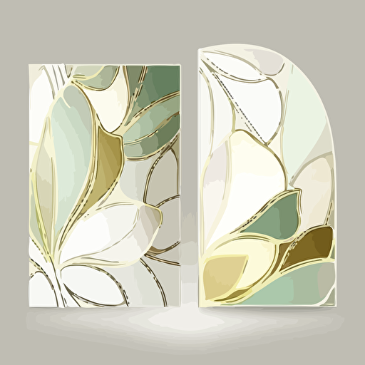 Stained glass petal art details for wedding booklet. asymmetric. Muted colors. Light green, gold, white. Minimalistic. Flat vector illustration. plain white background
