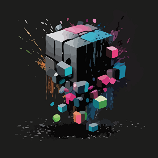 logo, minimalist, 9 cuded vectorized, gray and black colors on the exterior print layer , delicacy, interlayer of small muilti-colored cubes inside falling out of the cube, with different shades, black background