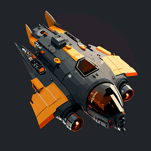 futuristic space ship from the Expanse tv show, top down, isometric, orange and grey, black background, minimalistic, vector