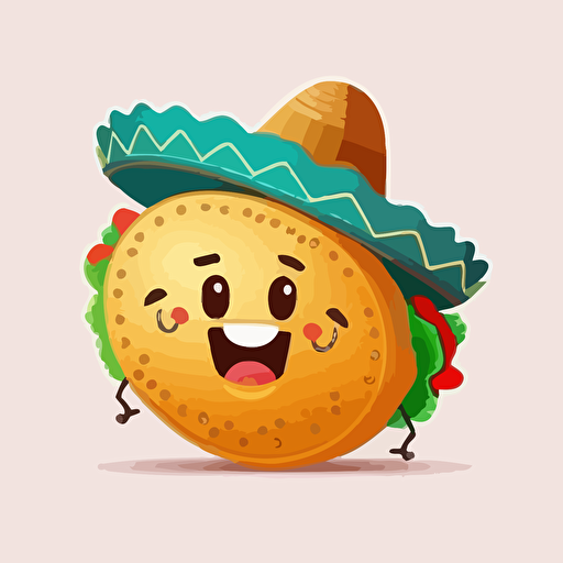 a cute smily tacos with a sombrero, white background, cartoon style, vector style