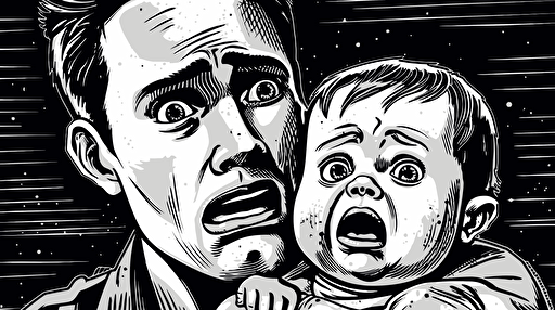 Young father looking desperate holding crying baby, Vector art, funny, black and white ,