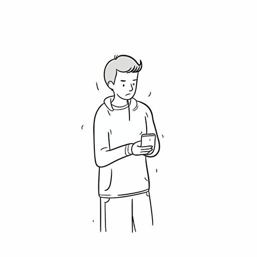 Person with a smartphone, white background, line drawing illustration, vector, simple, minimalist, whimsical and lively, cartoon mis-en-scene