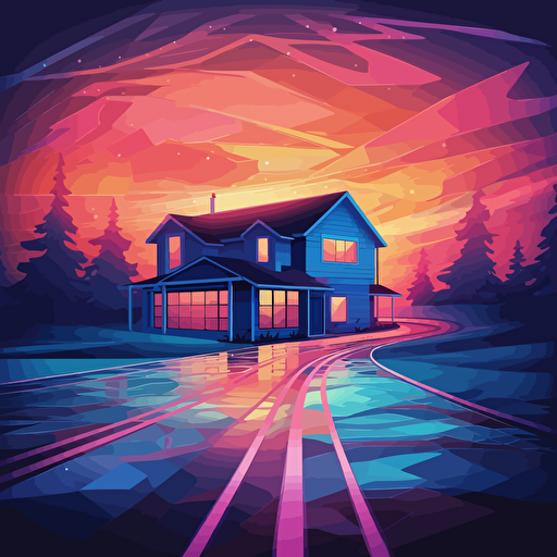 In the foreground is an extended road, next to a translucent geometric house, night sky, 2D, gradient vector illustration wind