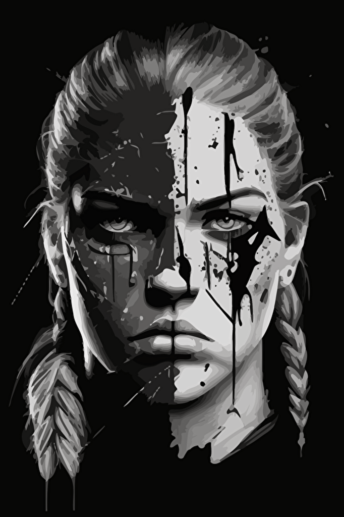 beautiful female viking face with battle scars, vector, black and white,