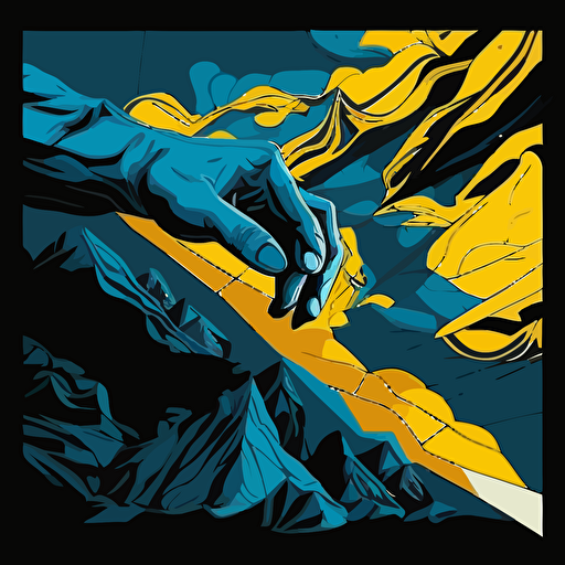 Create a captivating vector illustration that depicts a hand in the profile position, reminiscent of Michelangelo's iconic "Creation of Adam," as it enters the digital world. Use modern and dynamic art style with vivid blue and yellow tones contrasted with dark black tones. Play with dramatic lighting to highlight the division between the real and virtual realms, with the hand reaching towards the digital world. Capture a close-up shot of the hand, creating a dynamic composition that conveys the excitement and tension of the fusion between the physical and digital realms.