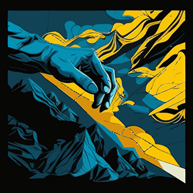 Create a captivating vector illustration that depicts a hand in the profile position, reminiscent of Michelangelo's iconic "Creation of Adam," as it enters the digital world. Use modern and dynamic art style with vivid blue and yellow tones contrasted with dark black tones. Play with dramatic lighting to highlight the division between the real and virtual realms, with the hand reaching towards the digital world. Capture a close-up shot of the hand, creating a dynamic composition that conveys the excitement and tension of the fusion between the physical and digital realms.