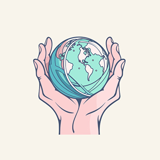 lined vector logo, earth in a hand, blue, green and pink