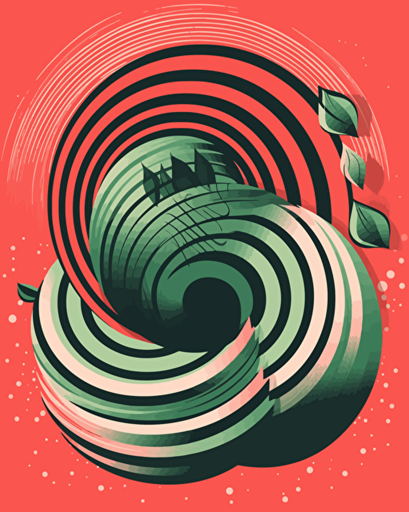 spiral watermelon, retro aesthetics, vector image, sticker design, pantone color scheme: 12-1706 TCX, 12-0824 TCX, 15-0146 TCX, 15-1164 TCX, 16-6340 TCX, 17-4247 TCX, 18-2043 TCX, 19-6026 TCX. The final piece should exude a warm, holiday-like ambiance.