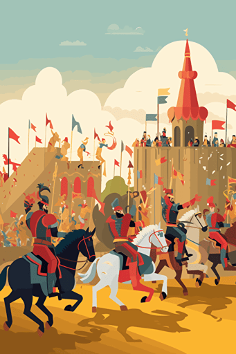 renaissance festival jousting match, cartoon, vector illustration, audience in the background, colorful
