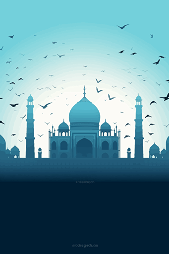 front view of the Taj Mahal, blue sky, vector design, minimalist, flat, bird silhouettes in the sky