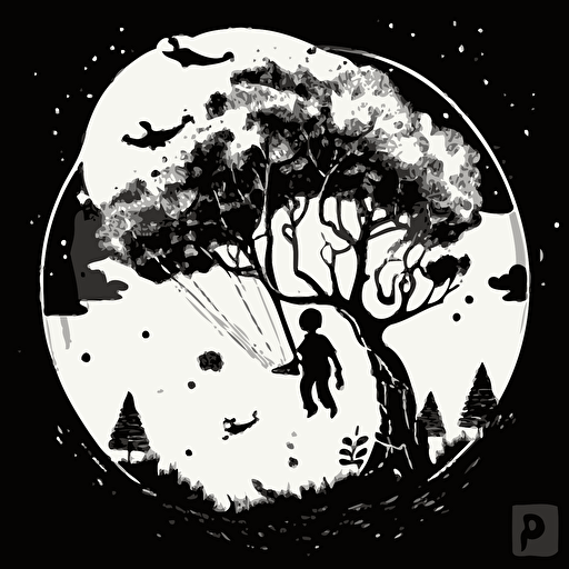 Little boy flying above magical tree. black and white vector illustration