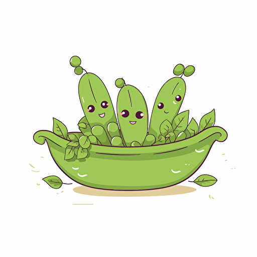 3 peas sitting in a pea pod with peaceful happy faces, simple, cute, vector, cartoon, white background.