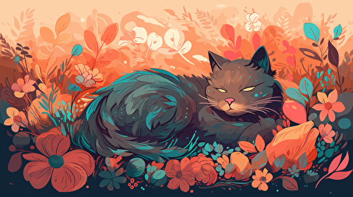 cat sleeping on a field with flowers, highly detailed, vibrant dusty vector illustration