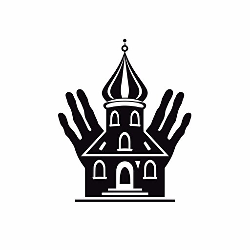 hands arranged (from up to down) in a way that resembles the shape of a house with a window and a crown on top of the house, black on white, vector, icon