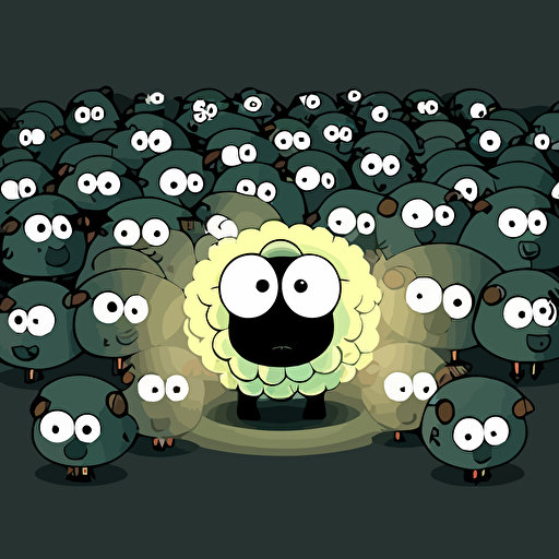 a paddock full of radioactive sheep with big pixar eyes that glow in the dark, funny, humour, white background, vector art