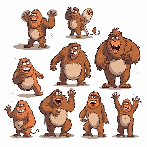 Bigfoot , vector style, multiple poses and expressions, children's book illustration style, white background