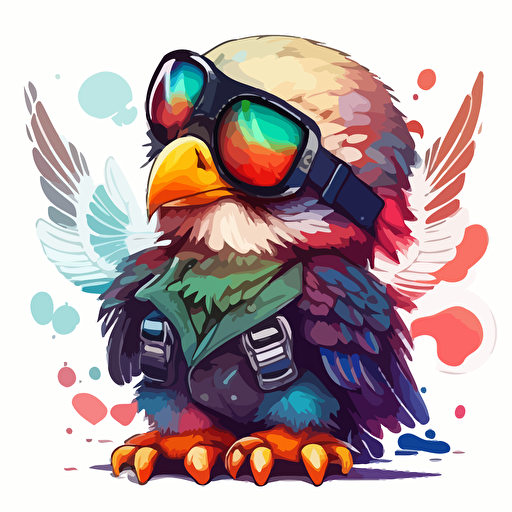 a very cute baby eagle wearing very big sunglasses dressed up as a marine , as a cartoon type, as a vector, white background, bright graffiti colors