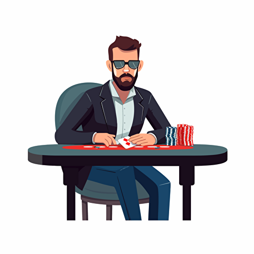 a professional poker player, flat vector, simple, flat, 2d, low detail, smooth, plain, minimal, straight design, white background, without text,