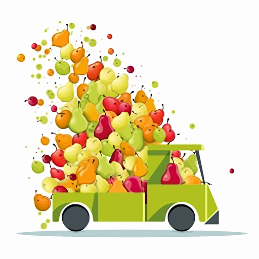 truck full of pears fruit falling out, colorfull, vivid colors, white background, vector style