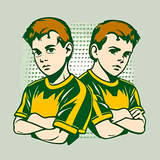 two brothers, looking tough,champions, wearing green and yellow, wearing an oblong brown football, sports logo style, white background, vector