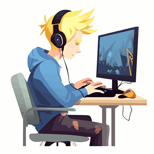 logo vector blond male student gaming on a keyboard mouse desktop pc and a monitor with his headphones on