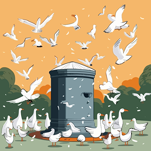 a park bin being raided by ibises and seagulls, cartoon, vector art, 32k