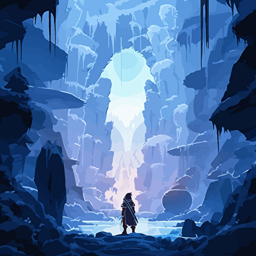 Vector illustration of Sokka, zoomed out in an ice cave, Aesthetics clean and minimalist, abstact water background, with dramatic lighting