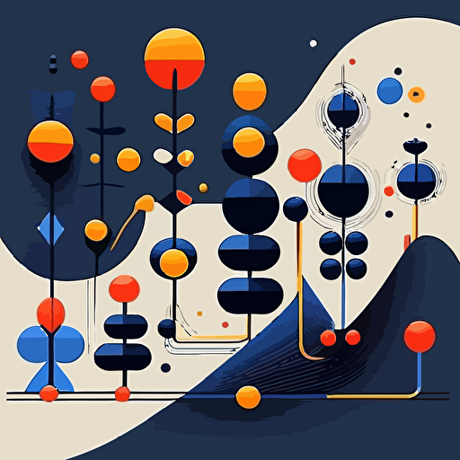 Create a vector illustration that visually portrays the transformation process from atoms to pixels as an evolutionary journey. Utilize a dark blue color palette and flat vector shapes, drawing inspiration from the iconic style of alexander calder. Experiment with different shapes and sizes to create a dynamic and engaging visual effect that captures the essence of this transformation.