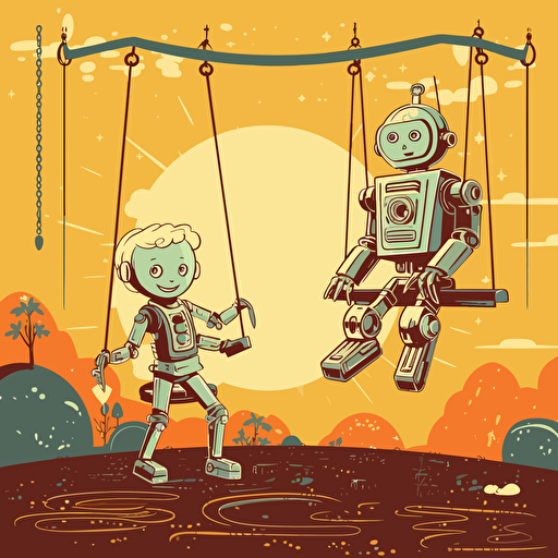 vector illustration, retro pop art, two children playing on a swing set with a robot on a playground
