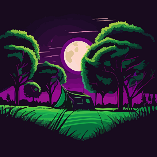Vector art of a grass field with trees in the background, campground, purple night sky with clouds, waxing gibbous moon, dark green trees, green grass