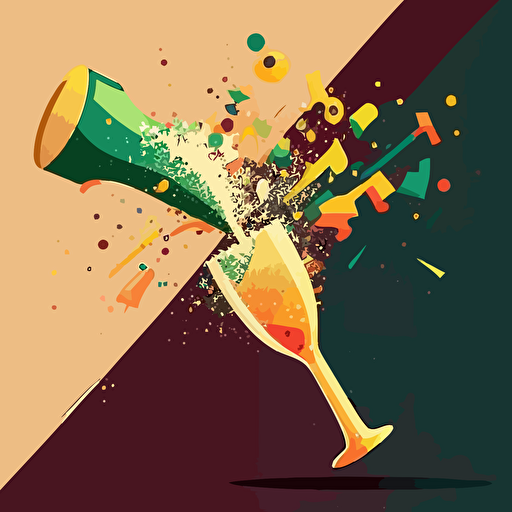 exploding champagned flute in a vector art cartoon style, flat color,