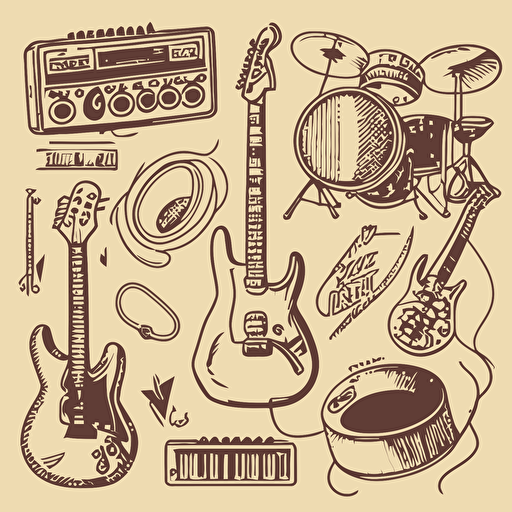 a vector pack of outlined musical instruments including electric guitar, saxophone, drums