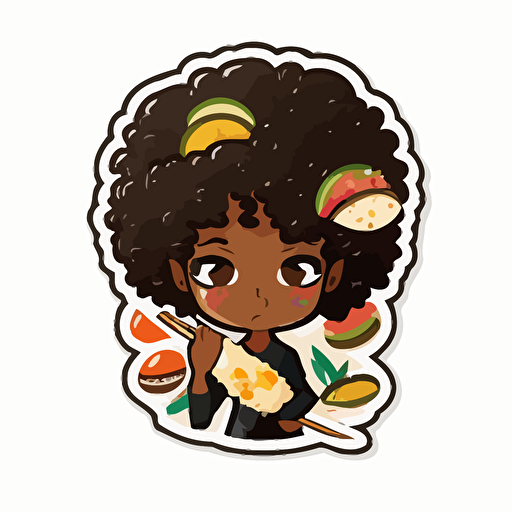 cute young black girl with natural hair eating sushi sticker art, vector, cut sticker