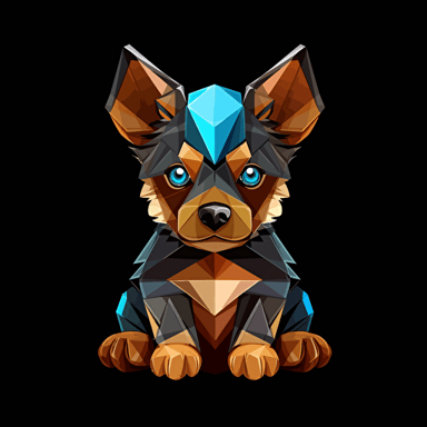 colorful origami tricolor Merle brown and grey puppy dog with one blue eye and one brown eye, vector art, black background