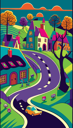 flat vector drawing of a very detailed village on an uphill road in a style of Keith Haring, Wassily Kandinsky