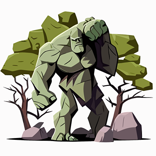 golem with trees and rock, vector logo, vector art, emblem, simple cartoon, 2d